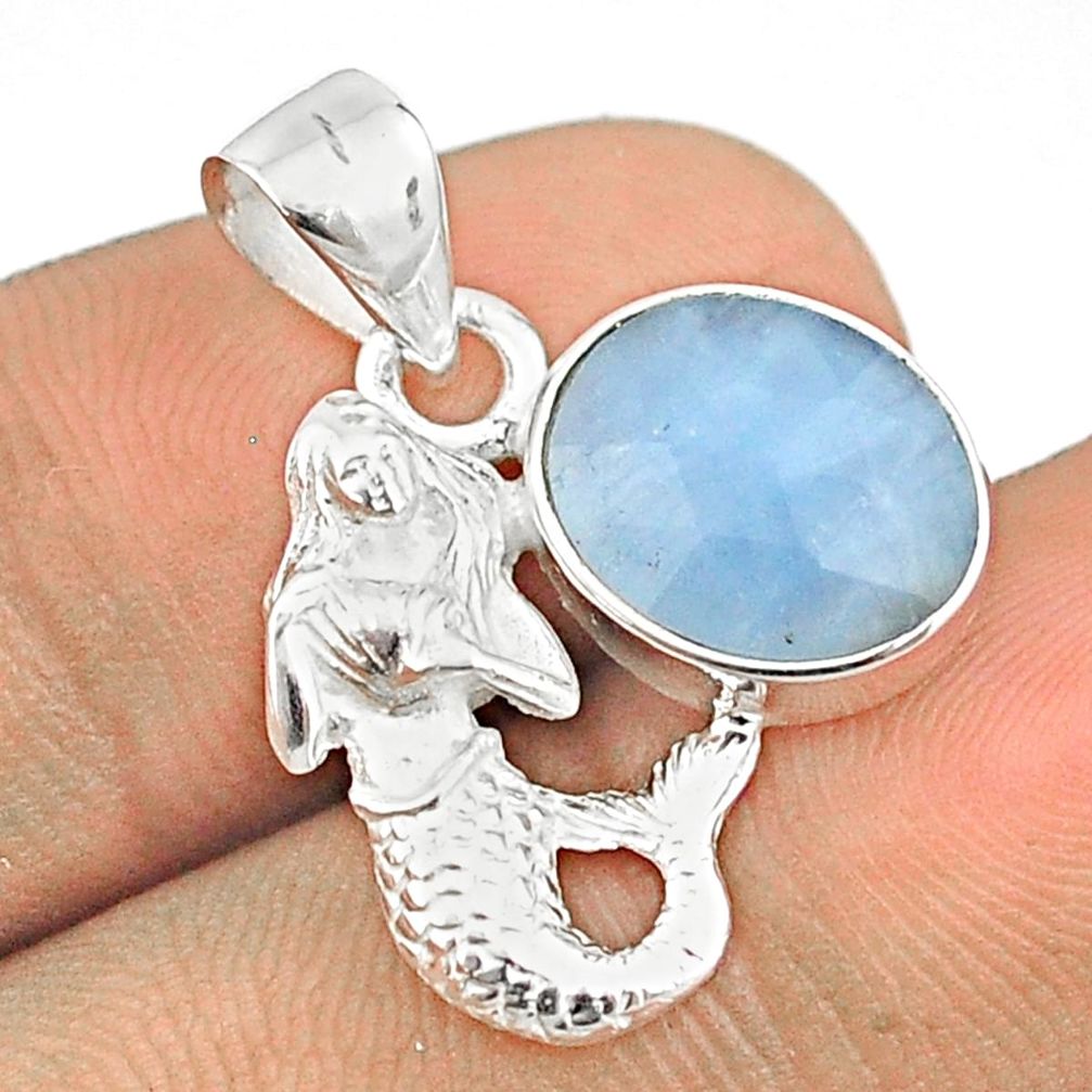 4.87cts checker cut sea life natural blue aquamarine silver fairy mermaid pendant u25963