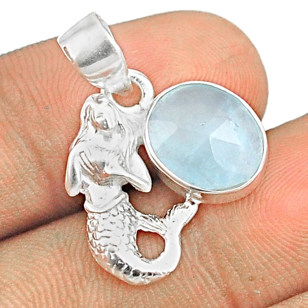 4.91cts checker cut sea life natural blue aquamarine silver fairy mermaid pendant u25967