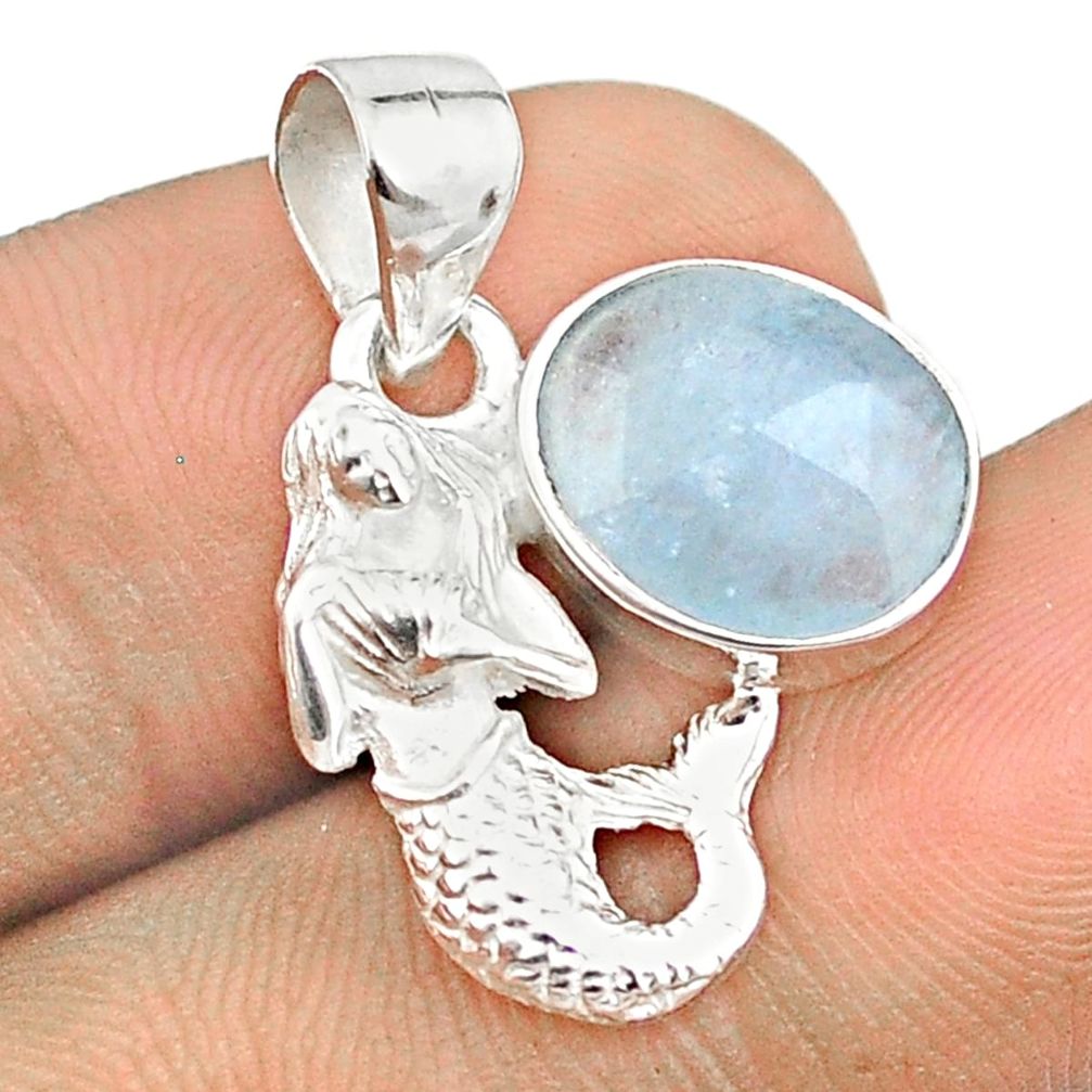 5.05cts checker cut sea life natural blue aquamarine silver fairy mermaid pendant u25974