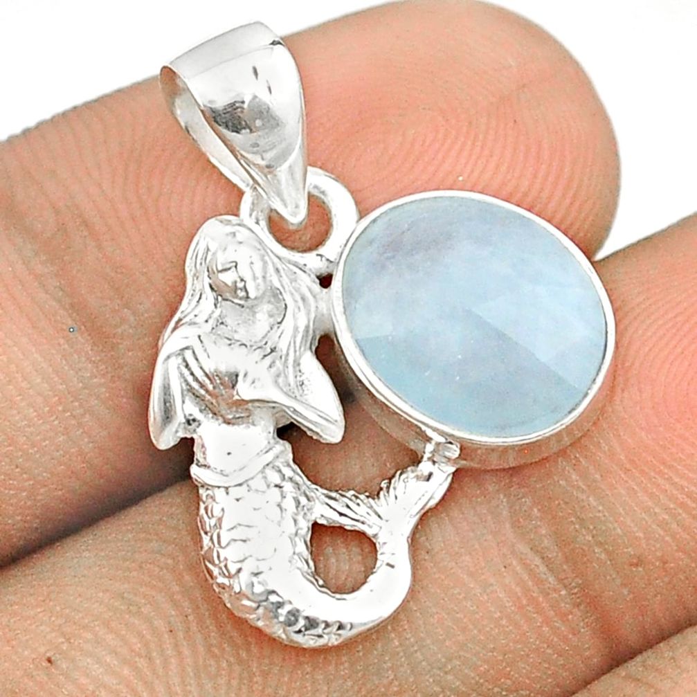 5.03cts checker cut sea life natural blue aquamarine silver fairy mermaid pendant u25976