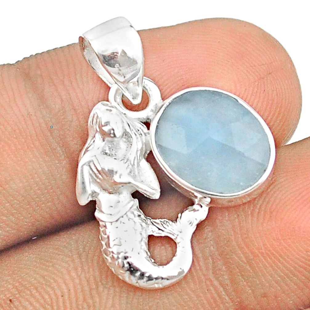 4.98cts checker cut natural blue aquamarine silver fairy mermaid pendant u25978