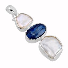 12.10cts checker cut natural blue kyanite white pearl 925 silver pendant y93909