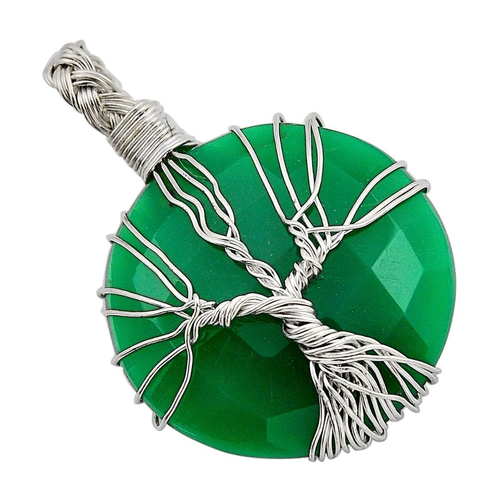 23.95cts checker cut natural green chalcedony silver tree of life pendant n1262