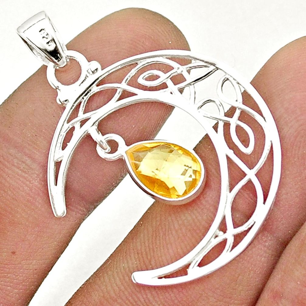 2.49cts checker cut natural yellow citrine 925 silver moon pendant u36342