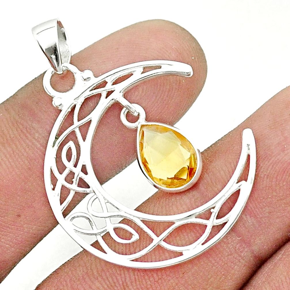 2.50cts checker cut natural yellow citrine 925 silver moon pendant u36350