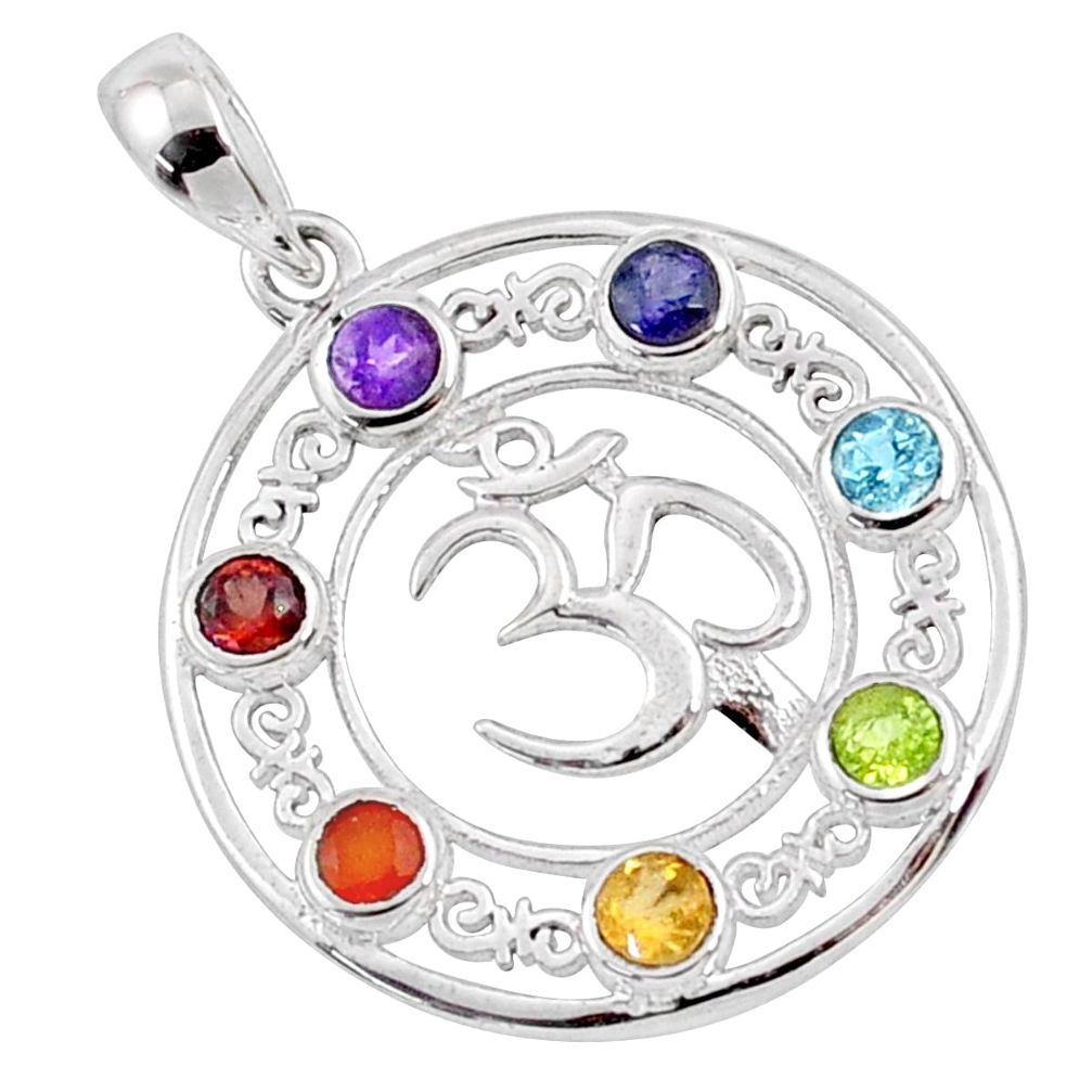 Circle of life natural multi gems 925 silver om symbol chakra pendant r65227