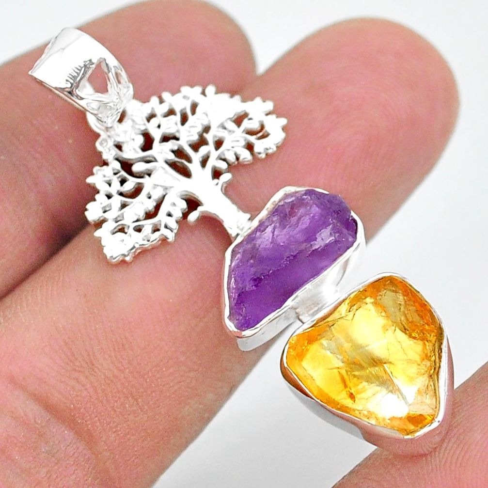11.57cts citrine raw amethyst rough 925 silver tree of life pendant t33561