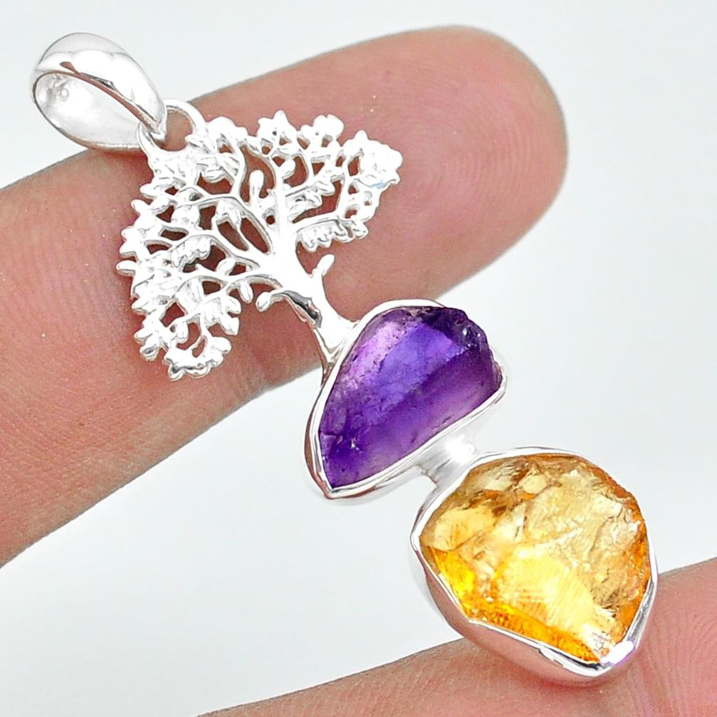12.06cts citrine raw amethyst rough 925 silver tree of life pendant t33582