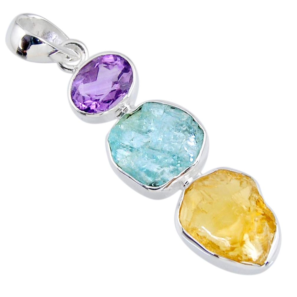 13.55cts citrine rough aquamarine rough amethyst 925 silver pendant r56654