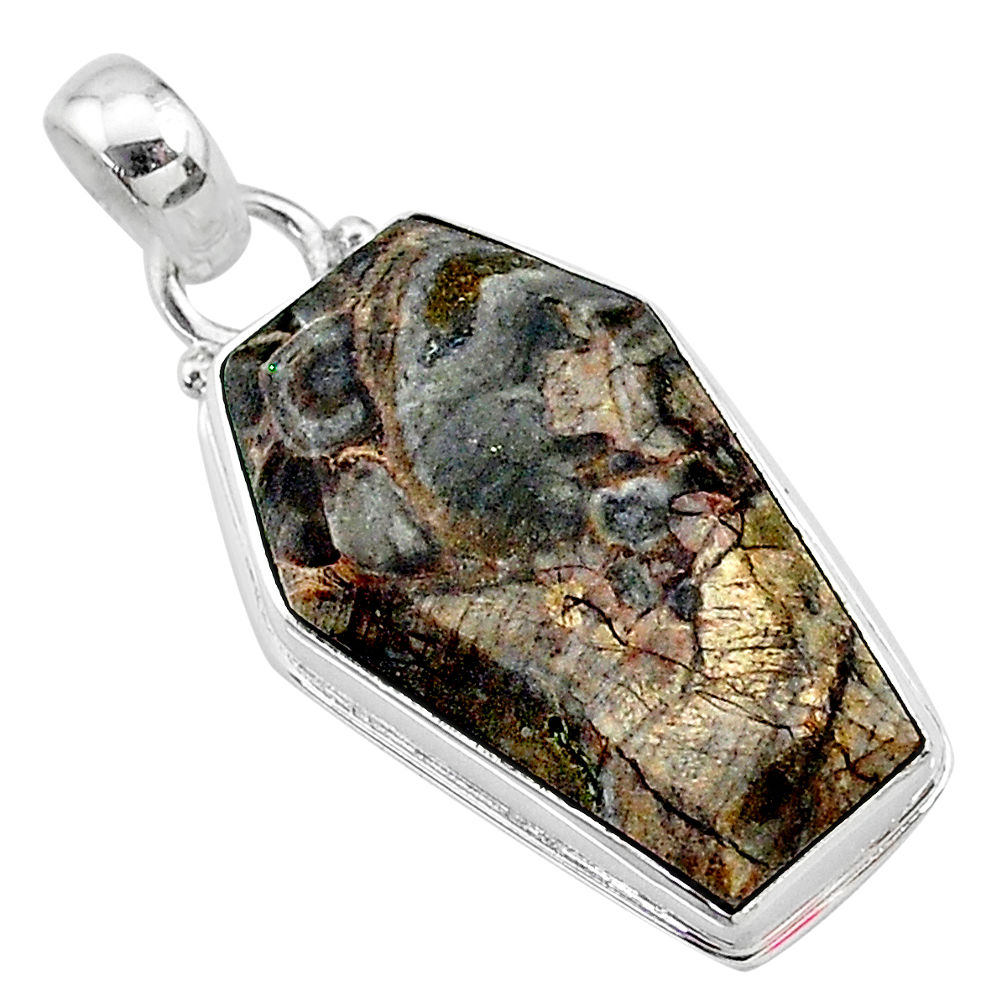 16.05cts coffin natural brown mushroom rhyolite 925 silver pendant t11748