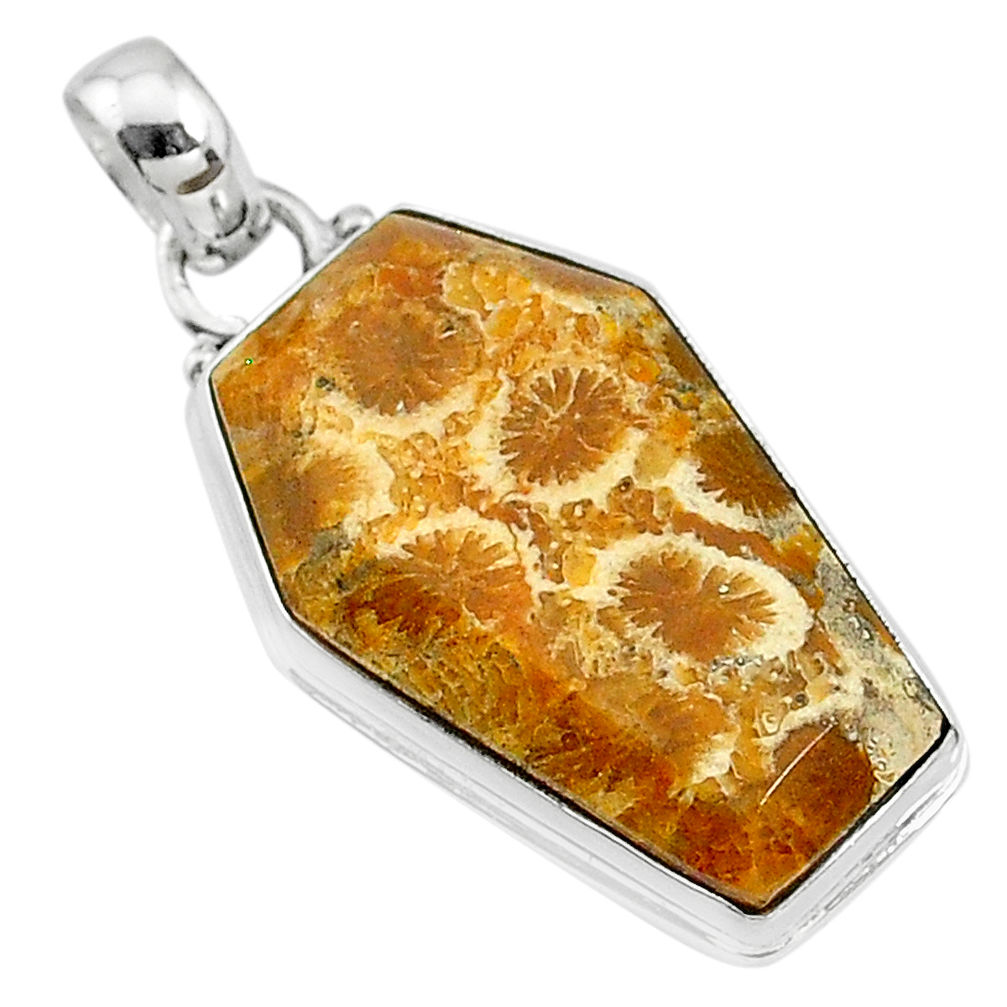 16.23cts coffin natural fossil coral petoskey stone 925 silver pendant t11787