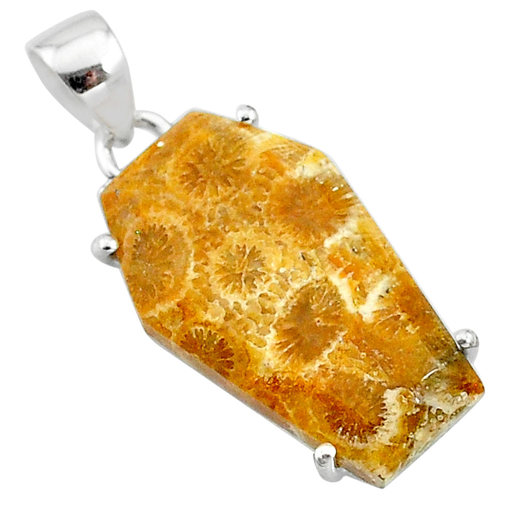 14.08cts coffin natural fossil coral petoskey stone 925 silver pendant t11981