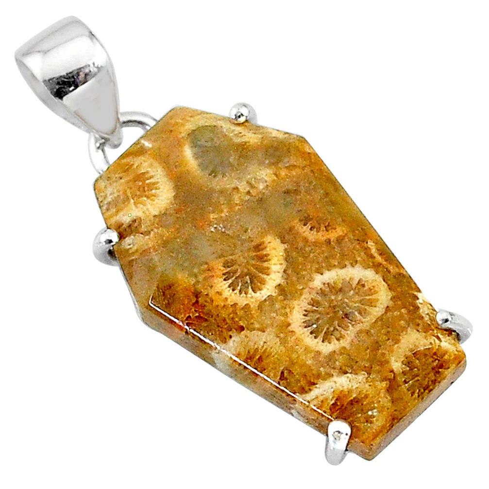 14.08cts coffin natural fossil coral petoskey stone 925 silver pendant t11985