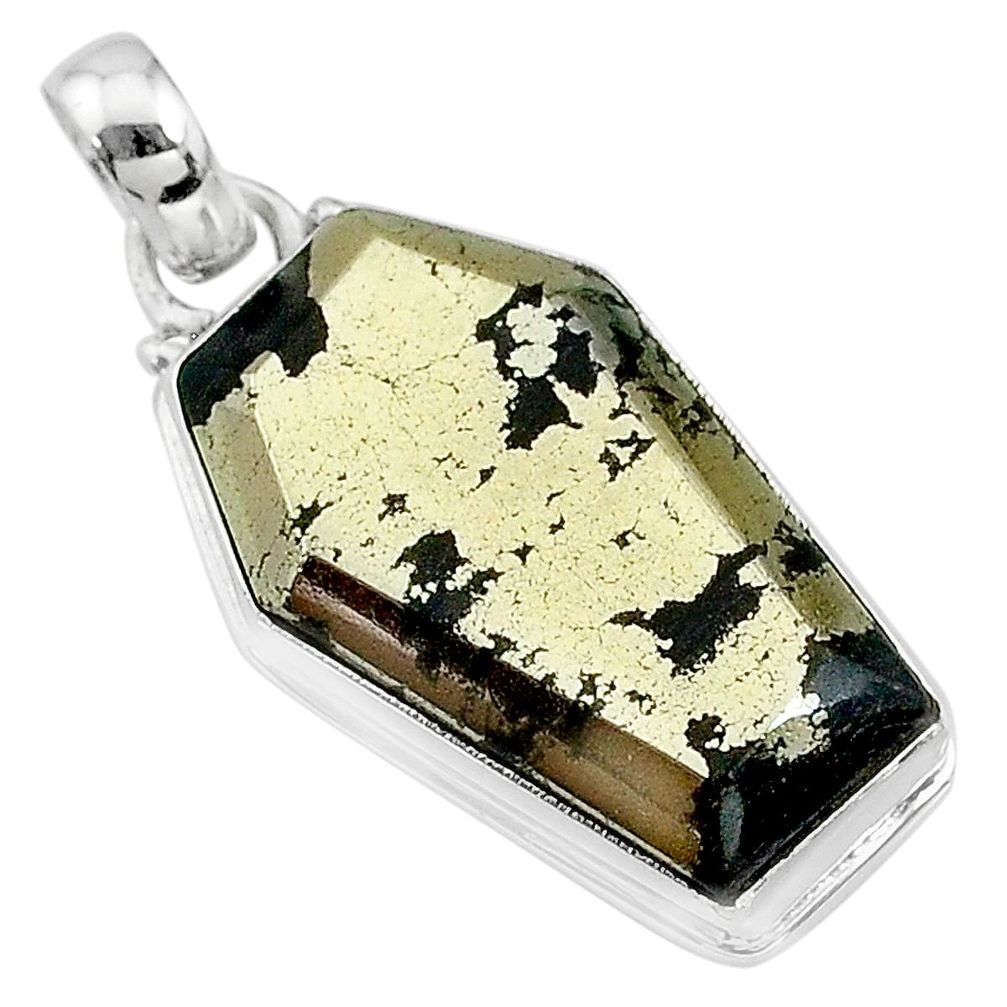 19.72cts coffin natural golden pyrite in magnetite 925 silver pendant t11786