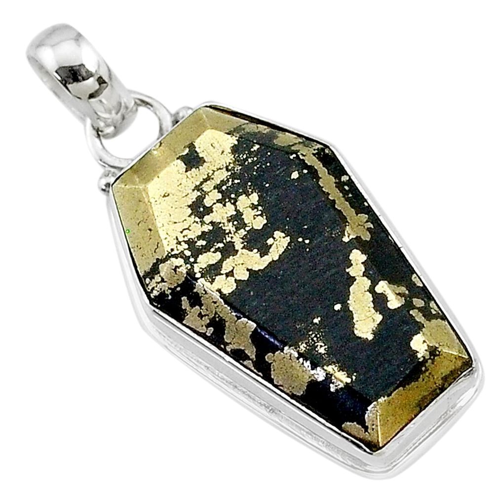18.73cts coffin natural golden pyrite in magnetite 925 silver pendant t11789