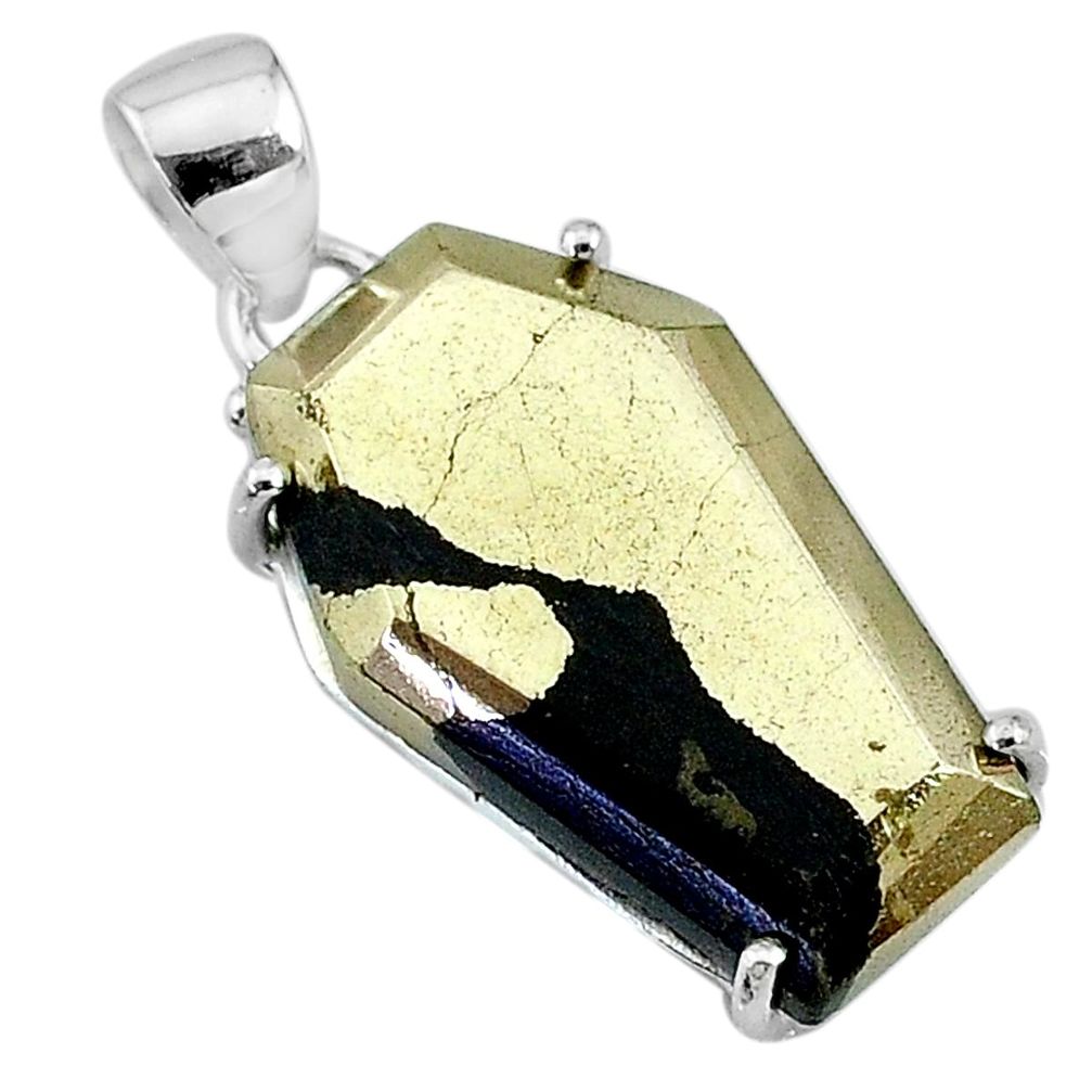 17.56cts coffin natural golden pyrite in magnetite 925 silver pendant t11923