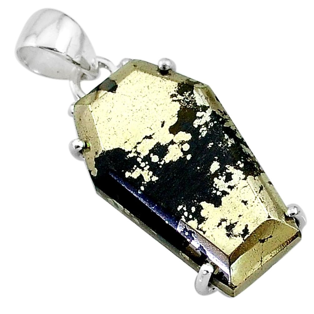 16.88cts coffin natural golden pyrite in magnetite 925 silver pendant t11926