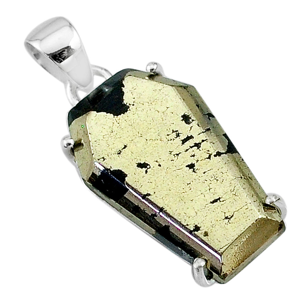 17.61cts coffin natural golden pyrite in magnetite 925 silver pendant t11927