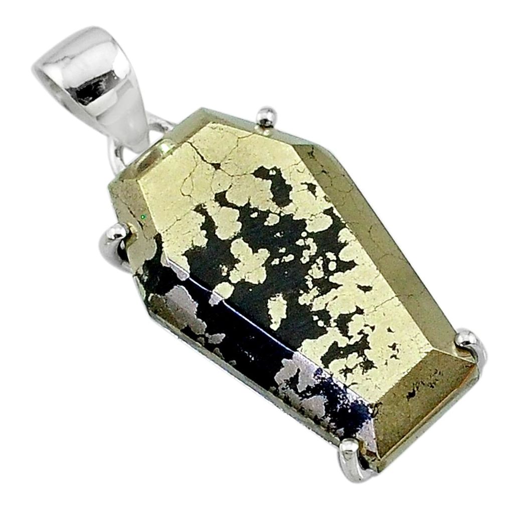 19.15cts coffin natural golden pyrite in magnetite 925 silver pendant t11929