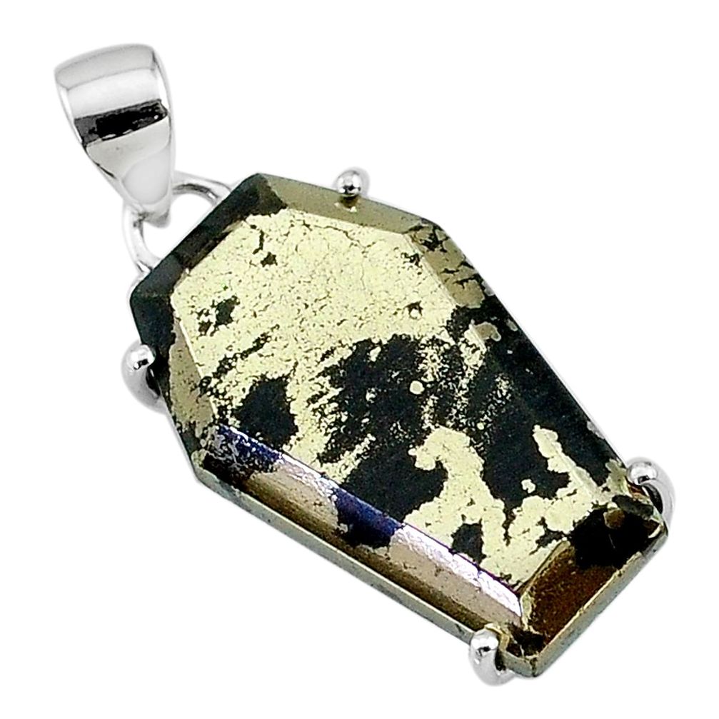 17.56cts coffin natural golden pyrite in magnetite 925 silver pendant t11933