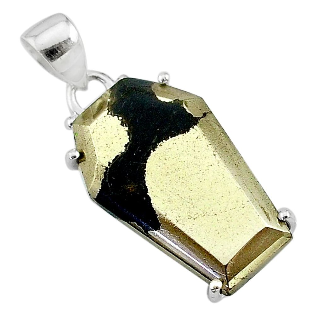 15.93cts coffin natural golden pyrite in magnetite 925 silver pendant t11934