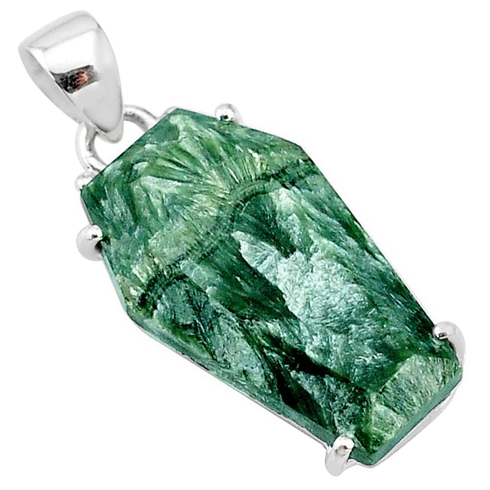 12.54cts coffin natural green seraphinite (russian) 925 silver pendant t11955