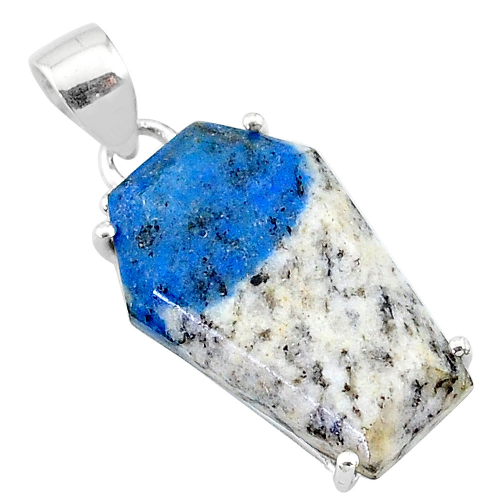 12.96cts coffin natural k2 blue (azurite in quartz) 925 silver pendant t12039