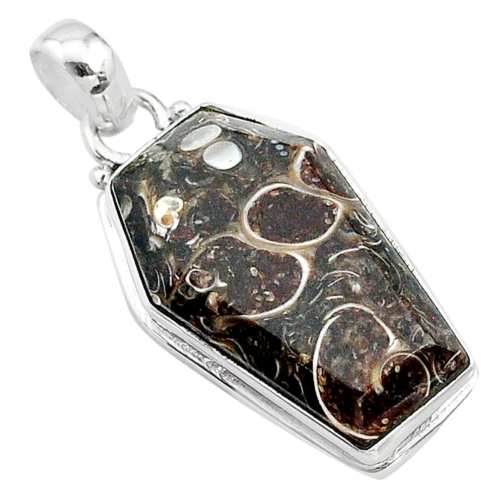 15.08cts coffin natural turritella fossil snail agate 925 silver pendant t11764
