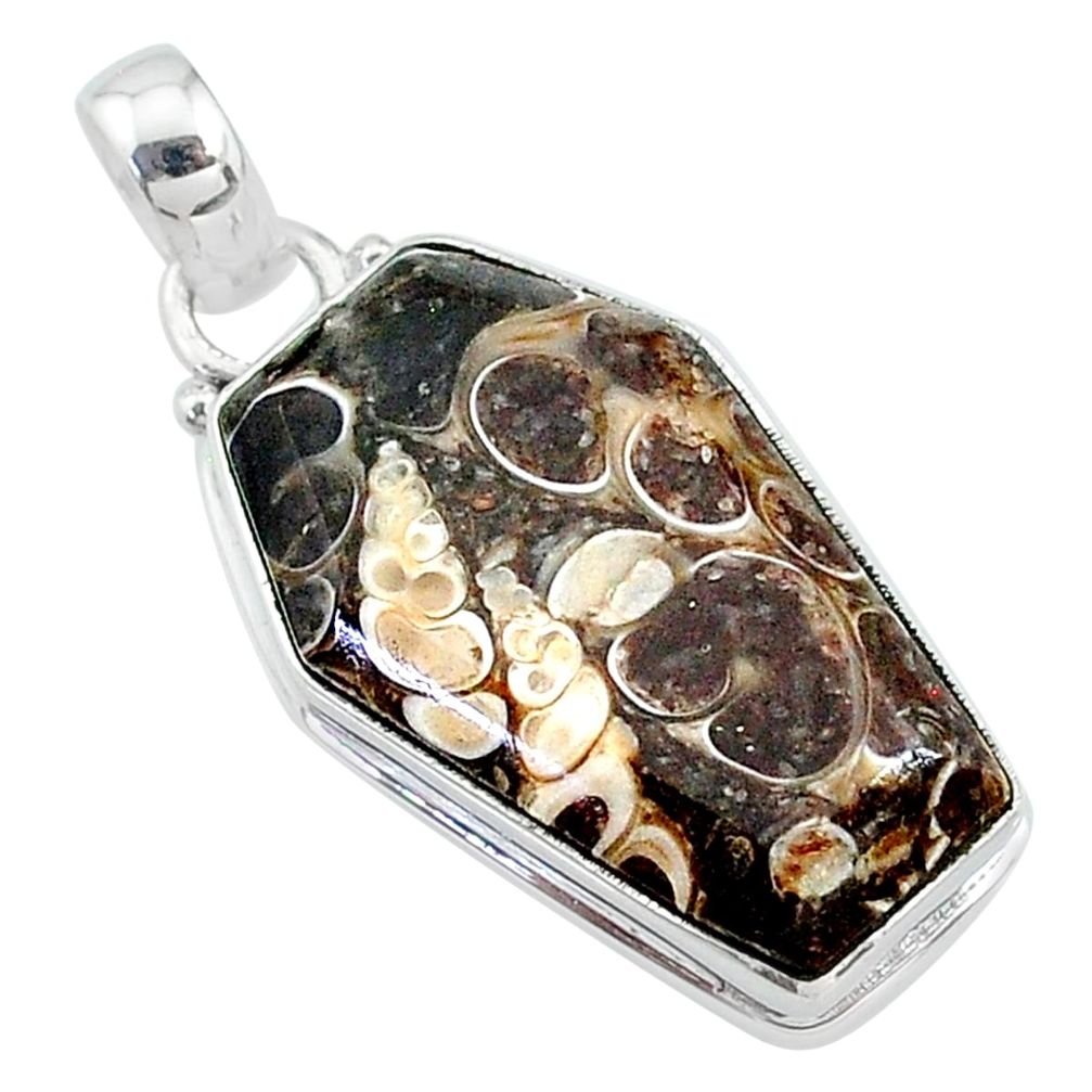 16.07cts coffin natural turritella fossil snail agate 925 silver pendant t11778