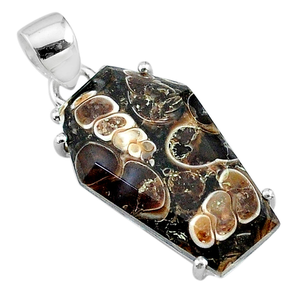12.96cts coffin natural turritella fossil snail agate 925 silver pendant t11900