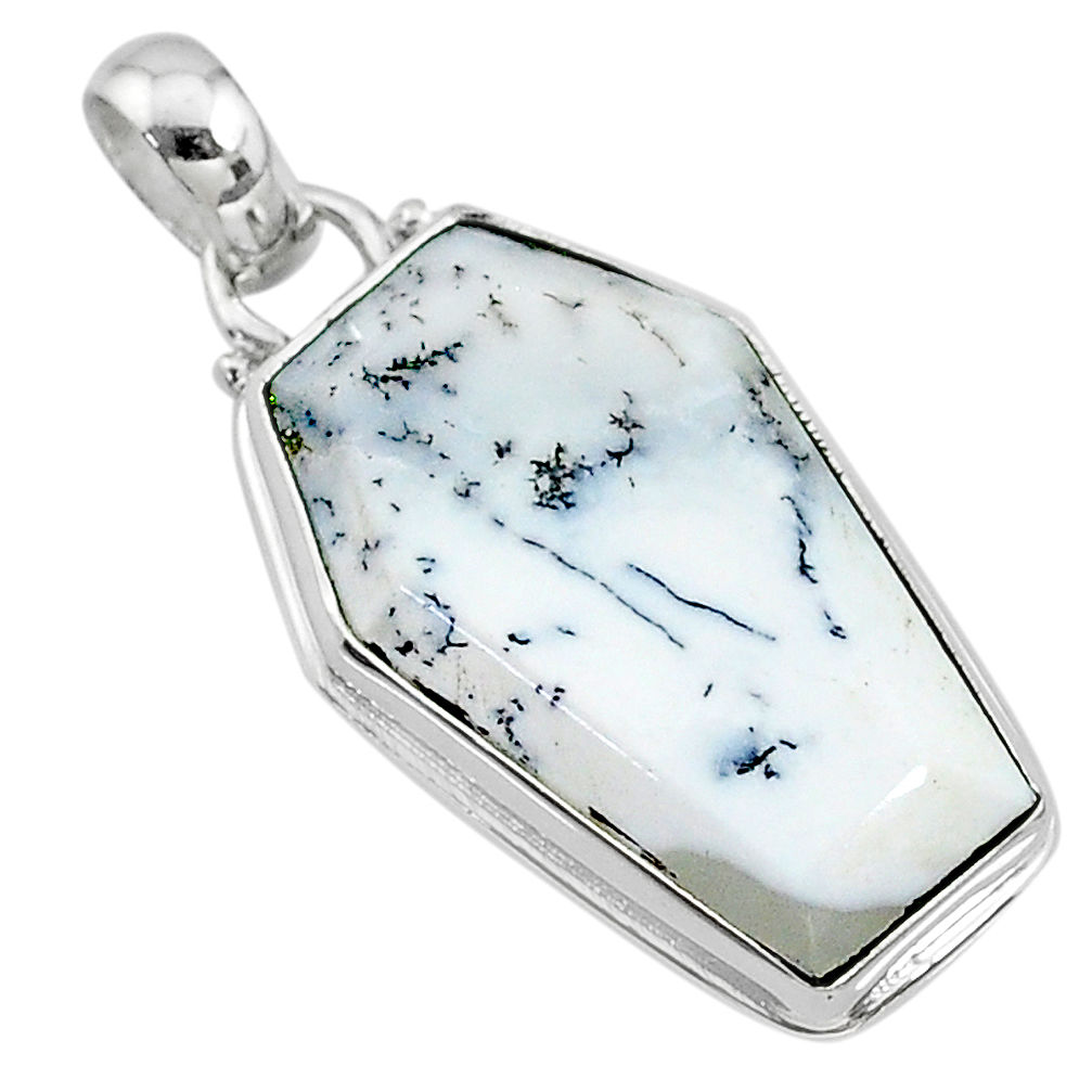 14.72cts coffin natural white dendrite opal (merlinite) silver pendant t11721