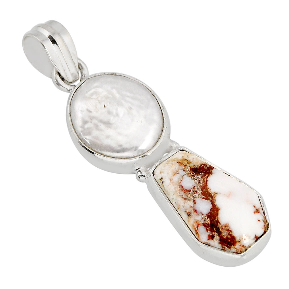 13.77cts coffin natural white wild horse magnesite pearl silver pendant y74588