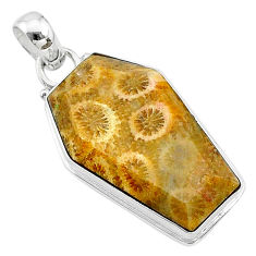 15.65cts coffin natural yellow fossil coral petoskey stone silver pendant t11784