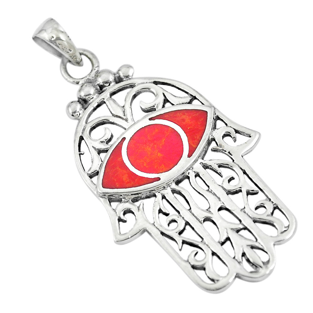 5.26gms coral enamel 925 sterling silver hand of god hamsa pendant a88382 c13727