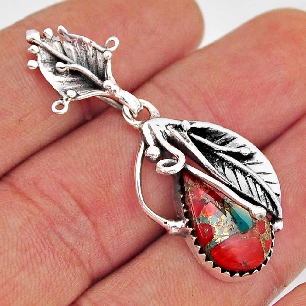 4.71cts coral matrix turquoise 925 sterling silver deltoid leaf pendant n2429