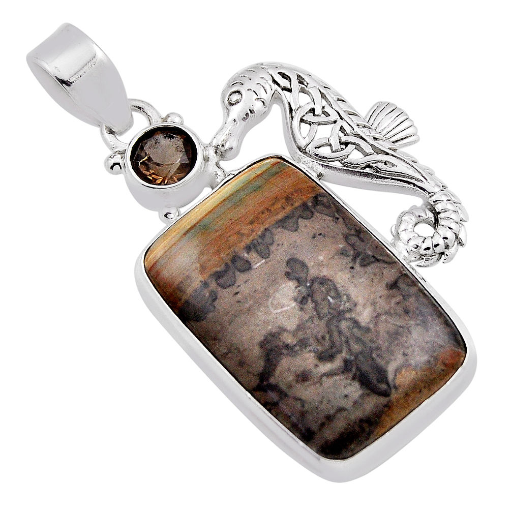 26.65cts cotham landscape marble smoky topaz 925 silver seahorse pendant n24927