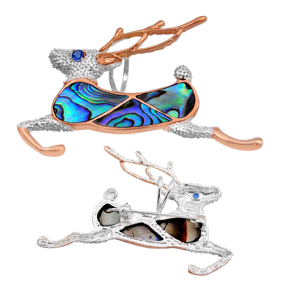 Dear abalone paua seashell sapphire (lab) 925 silver gold brooch pendant n20176