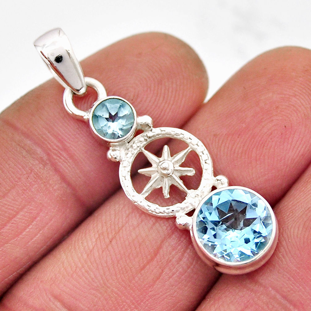 4.51cts dharma wheel natural blue topaz round 925 sterling silver pendant y59265