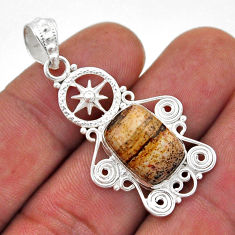 6.04cts dharma wheel natural brown picture jasper octagan silver pendant n46609