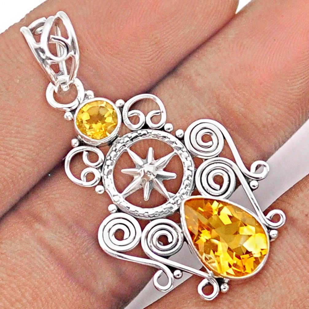 5.12cts dharma wheel natural yellow citrine pear 925 silver pendant u7108