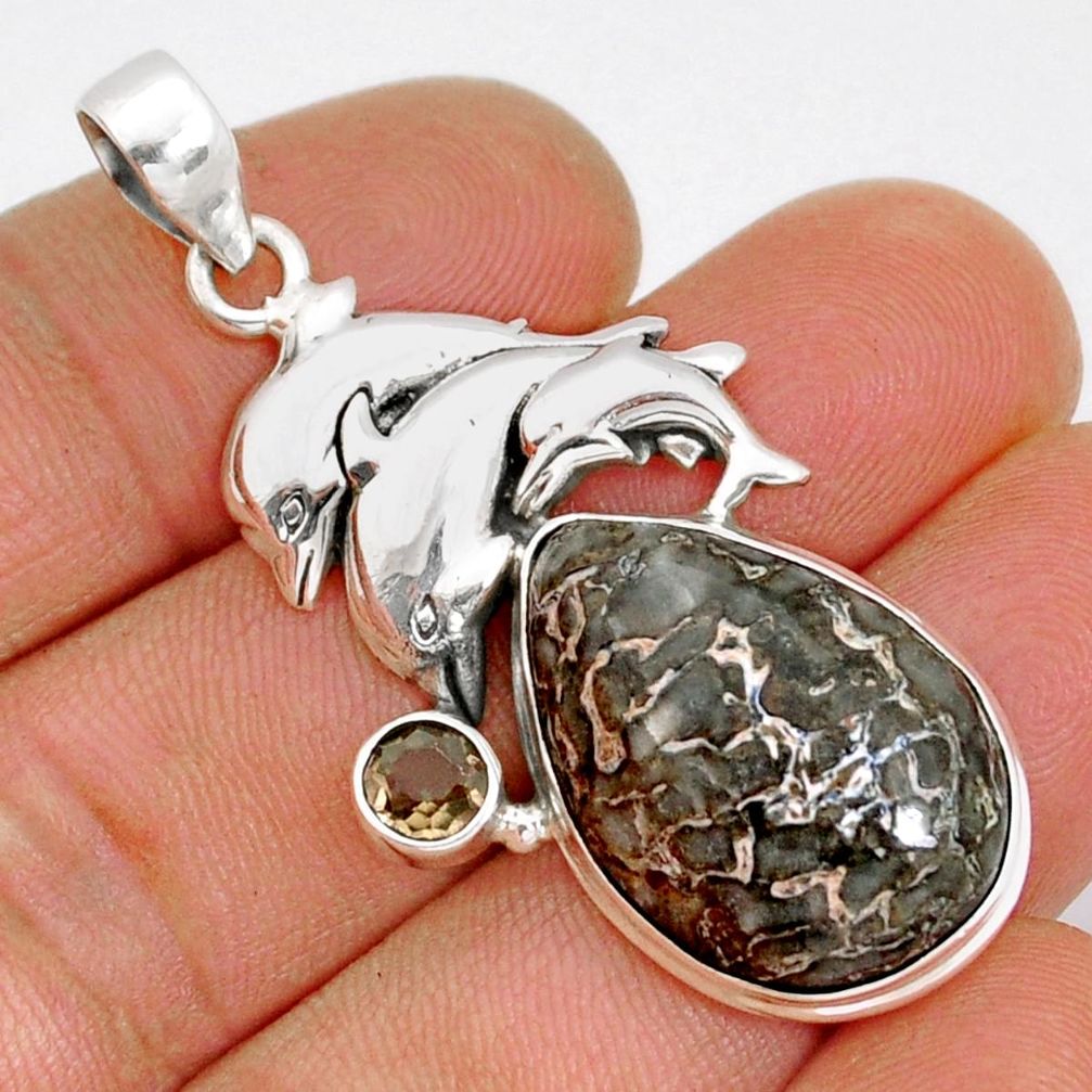 23.03cts dinosaur bone fossilized smoky topaz 925 silver dolphin pendant y2726
