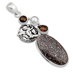19.00cts dinosaur bone fossilized smoky topaz pearl silver angel pendant n13511