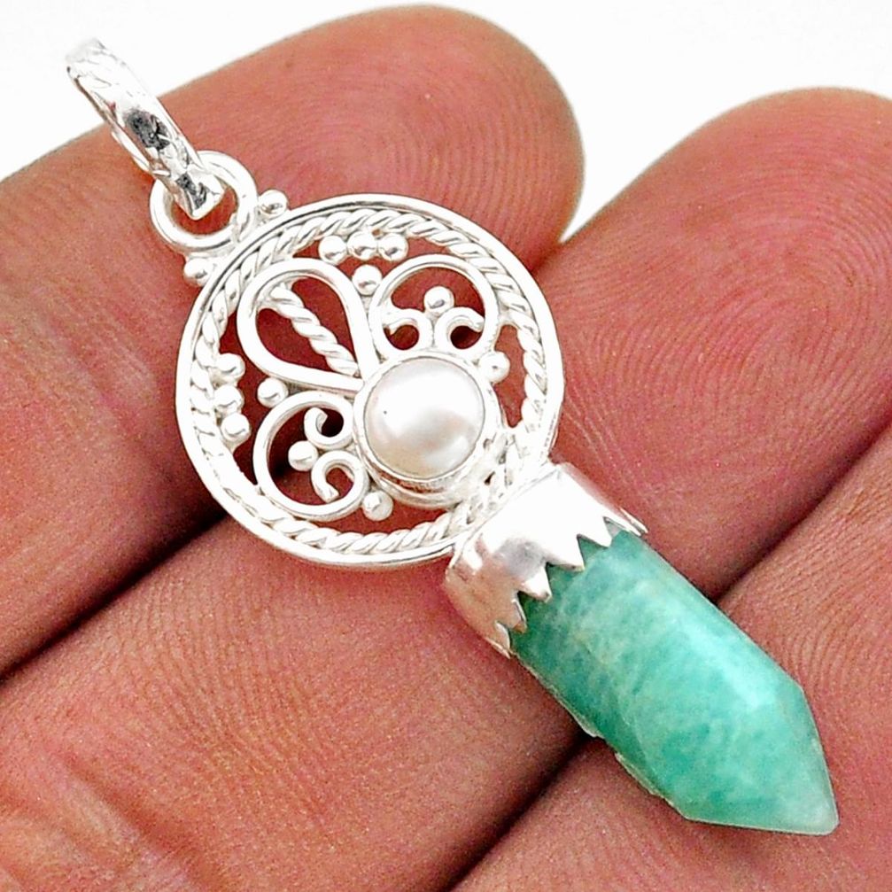 6.97cts double pointer green peruvian amazonite pearl 925 silver pendant t64971