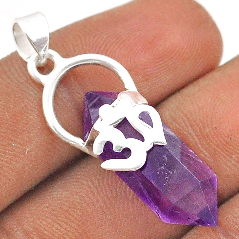11.20cts double pointer natural amethyst 925 silver om symbol pendant t85253