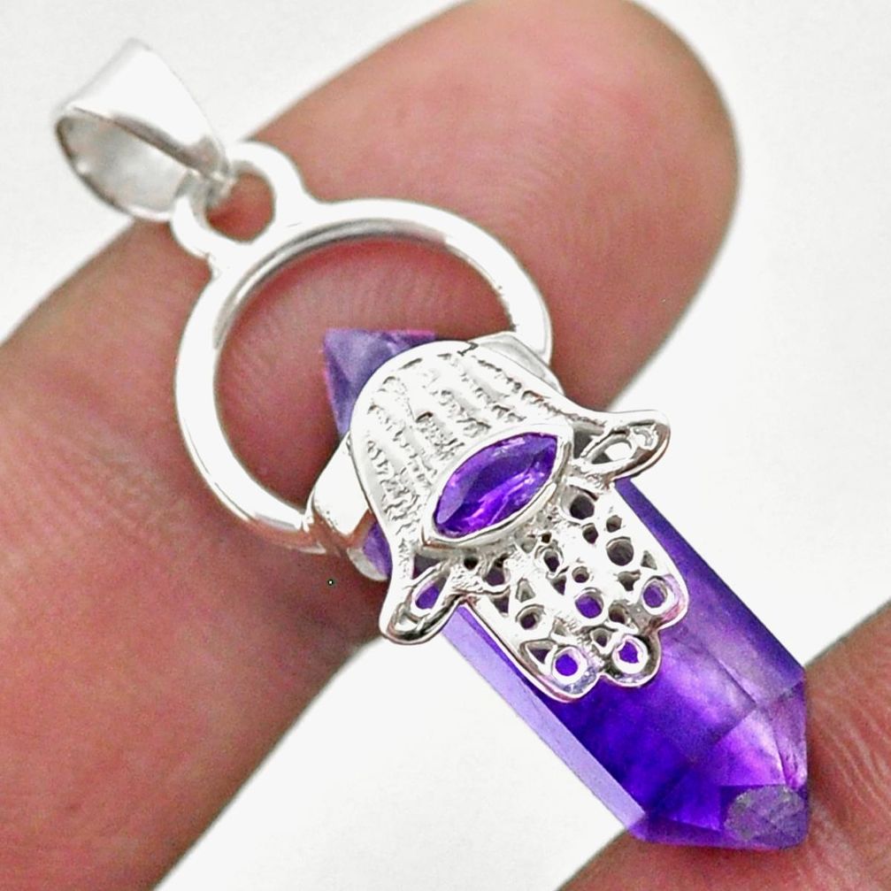 12.22cts double pointer natural amethyst silver hand of god hamsa pendant t44241