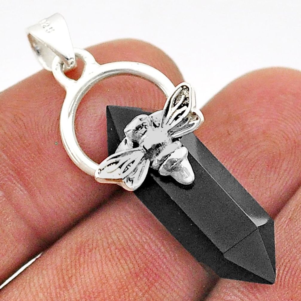 10.39cts double pointer natural black onyx 925 silver honey bee pendant t66954