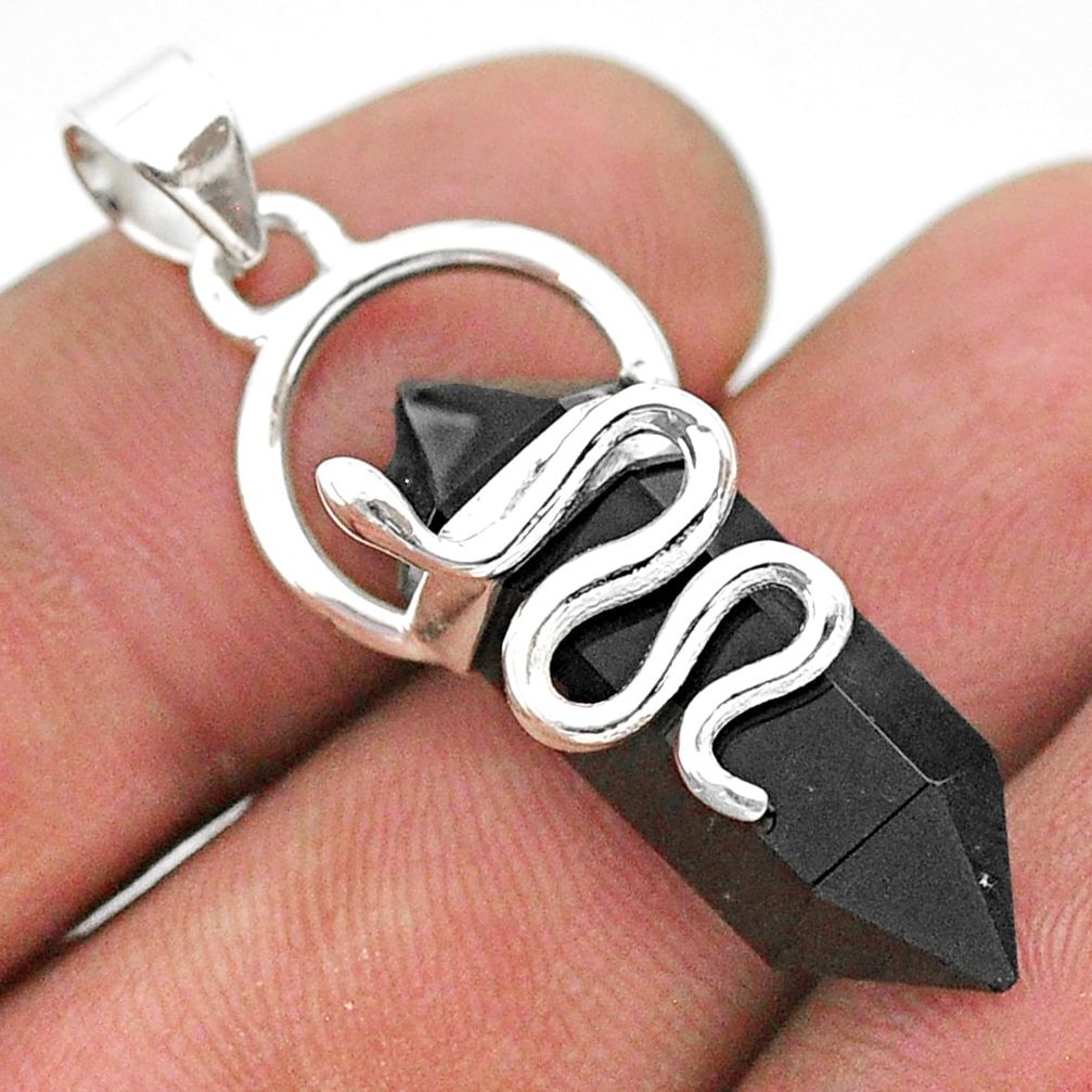 13.70cts double pointer natural black onyx 925 silver snake pendant t44415