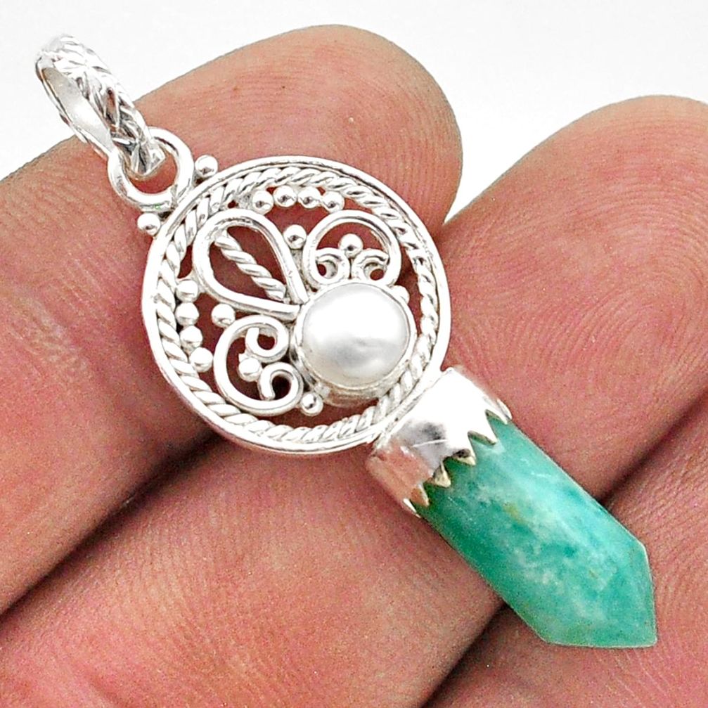 7.24cts double pointer natural peruvian amazonite pearl silver pendant t64961