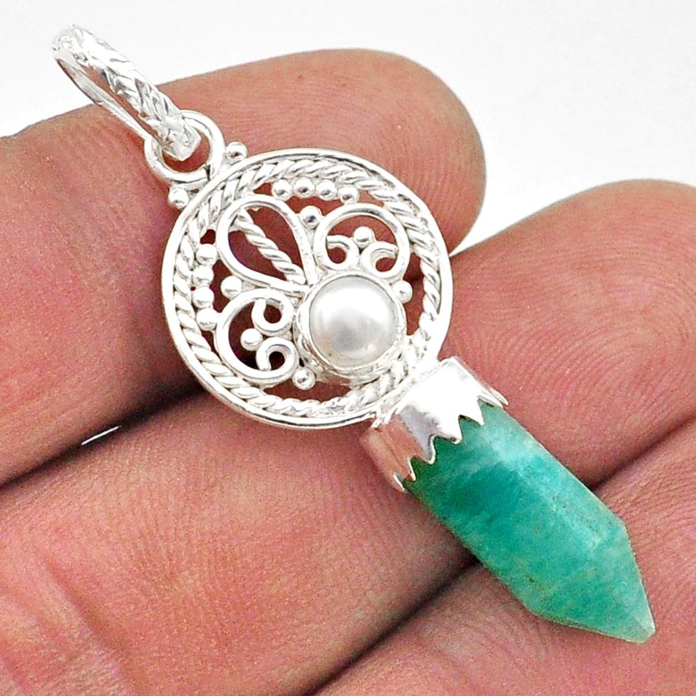 6.95cts double pointer natural peruvian amazonite pearl silver pendant t64962