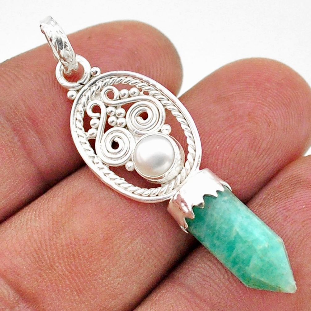 7.64cts double pointer natural peruvian amazonite pearl silver pendant t64978